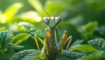 A Close Up Photographic Portrait Of A Green Praying Mantis photo