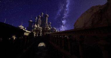 CGI Majestic ancient structure illuminated under a starry night sky video