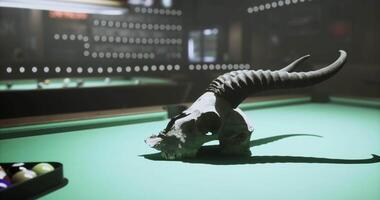 CGI Unique bull skull centerpiece on a green billiards table in a dimly lit bar video