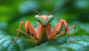 A close up view of a praying mantis on a leaf photo