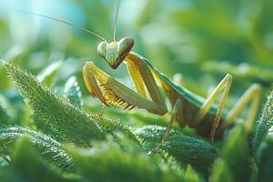 A Green Praying Mantis Sitting On Some Green Foliage photo