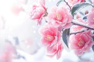 Beautiful pink blossoms are covered with a delicate layer of snow photo
