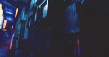CGI Mysterious alley filled with illuminated electrical boxes in vibrant city video