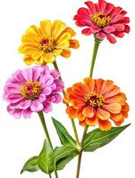 Four colorful zinnias with green stems and leaves on white background photo