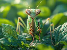 A close up image of a praying mantis in green foliage photo