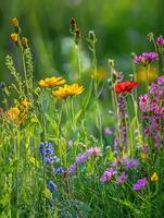 A vibrant collection of wildflowers and green foliage fills a field photo