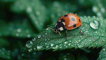 A close up of a ladybug on a dew covered leaf photo