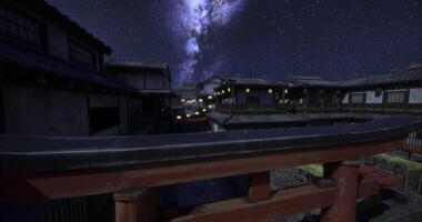 CGI Nighttime view of traditional town with stars in the sky over rooftops video