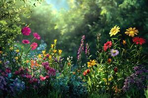 vistoso flores floración en medio de verde follaje y amable luz de sol corrientes foto
