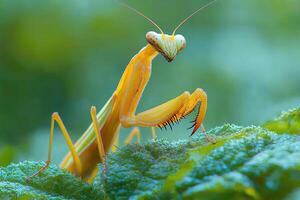 A bright yellow praying mantis rests upon a textured green leaf photo