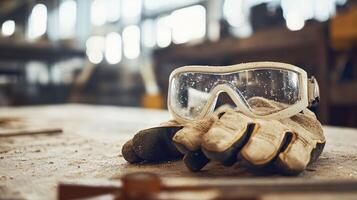 Close-Up of Durable Work Gloves and Protective Goggles on Workspace photo
