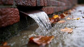 Extreme Close-Up Focus on Water Flowing Through Unclogged Downspout photo