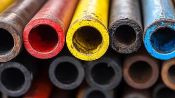 Close-up View of Color-Coded Industrial Pipes Highlighting Markings and Details photo