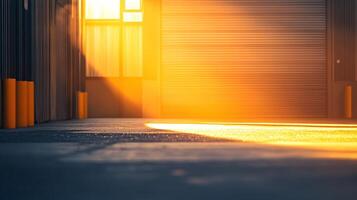 Slightly Open Roll-Up Loading Bay Door Illuminated by Glowing Sunlight photo