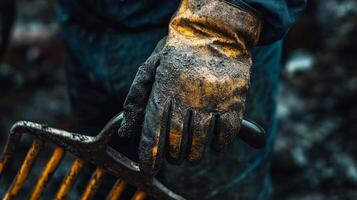 Extreme Close-Up of a Gloved Hand Firmly Gripping a Wooden Rake Handle photo