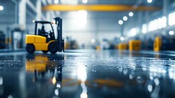 A Pristine Factory Floor with a Vibrant Yellow Forklift in Focus photo
