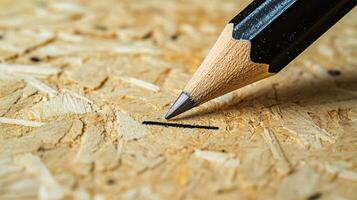 Detailed Macro Shot of Pencil Point Creating a Guideline on Raw Wood photo