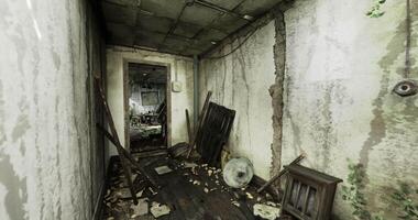 CGI Abandoned corridor with deteriorating walls and forgotten furniture video