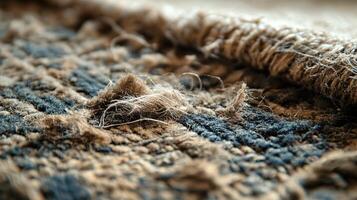 Extreme close-up of a distressed carpet showcasing frayed threads and accumulated debris photo