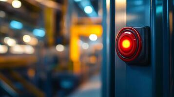 Bright Red Emergency Stop Button Prominently Mounted on Shiny Metal Surface photo