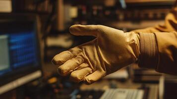 Antistatic Gloves Securely Gripping a Small Component in Faded Workspace photo