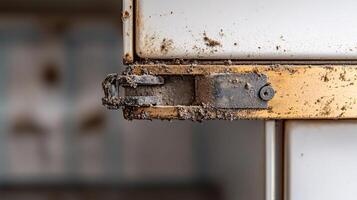 Extreme Close-Up View of Kitchen Cabinet Hinge Accumulated Dirt and Grime photo