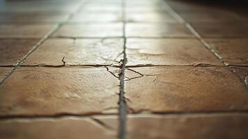 Detailed Macro Shot of Damaged Grout Lines with Subfloor Peeking Through photo