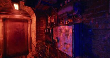 CGI Exploring a dimly lit industrial corridor with vivid neon lighting effects video