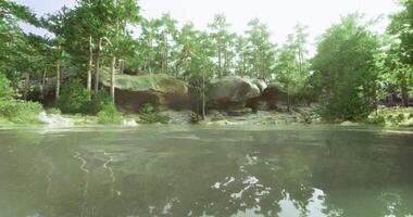 CGI Tranquil lake surrounded by lush trees and rocky formations at sunrise video