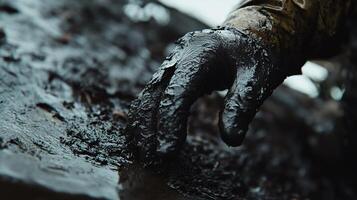 Extreme Close-Up of Wet Gloved Fingers Extracting Gutter Sludge From a Drain photo