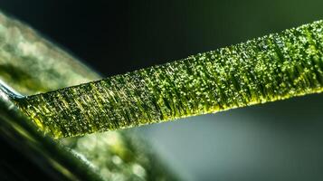 Extreme Close-Up of a Grass Blade Being Nicely Trimmed by a Spinning Mower Blade photo