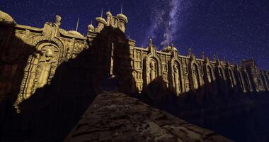 CGI Unique ancient structure illuminated under a starry night sky video