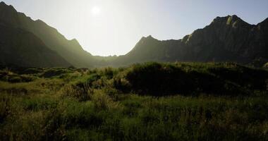 CGI Sunlight filters through mountains over green fields at dawn in nature video