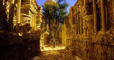 CGI Ancient stone ruins surrounded by a solitary tree in bright sunlight video
