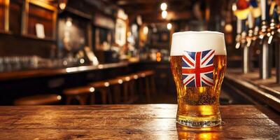 Pint of frothy ale raised high in joyful toast at a classic British pub photo