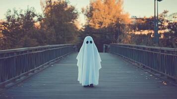 Adorable Child in Traditional Ghost Costume Made from Old Sheet photo