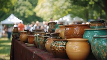 Outdoor Arts and Crafts Fair Showcasing Colorful Handmade Pottery and Unique Paintings photo