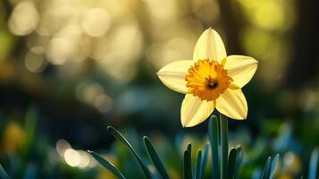 Close-Up of a Vibrant Yellow Daffodil Blooming Against a Soft Background photo