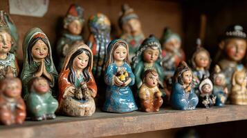 Handmade Ceramic Figurines of a Peruvian Nativity Scene Displayed on Rustic Shelf photo