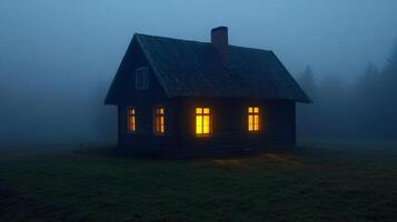 Old wooden house enveloped in thick fog with dimly lit windows photo