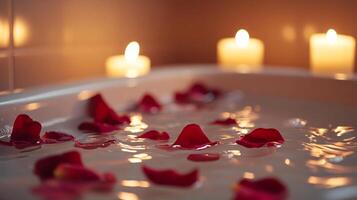 Candlelit Bubble Bath Surrounded by Luxurious Rose Petals photo