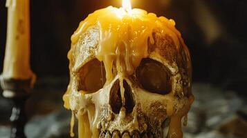 Candlelit Skull Casting Shadows with Dripping Wax at Midnight photo