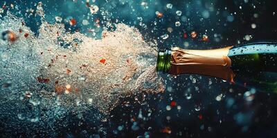 Bottle of champagne vigorously popping while sparkling liquid overflows photo