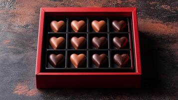Heart-shaped Chocolates Exquisitely Arranged in a Classic Red Box photo
