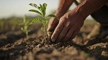 Farmer Gently Planting Seedling in Regenerative Agriculture Field photo