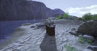 CGI Old wooden crate on a secluded beach near rocky cliffs in the afternoon video