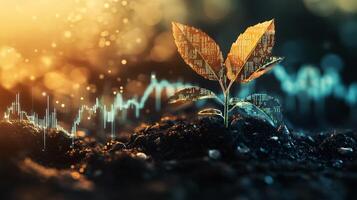Seedling Emerging from Rich Soil Surrounded by Financial Growth Graphs photo