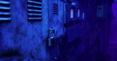 CGI Rusty lockers illuminated by blue light in an eerie urban location video