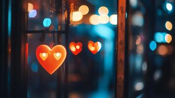 Soft-focus heart-shaped bokeh lights creating a whimsical, dreamy ambience photo