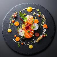 Artistic Culinary Creations Displayed Beautifully on Slate Surface photo